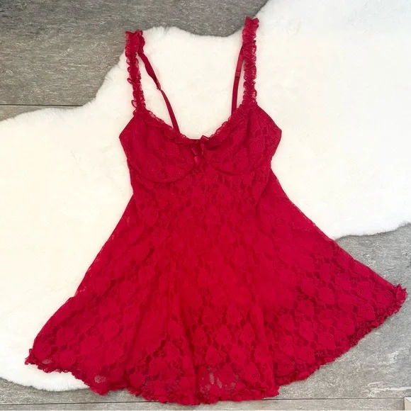 Cinema Etoile Cherry Red Stretch Lace Fit & Flare Babydoll Nightie Slip Dress M